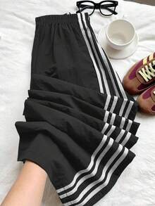 SHEIN Quần ống rộng cạp chun họa tiết sọc tương phản phong cách thể thao thường ngày cho bé gái tuổi teen - màu đen - Xem 6