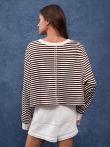 WESTFADE Contrast Crewneck Exposed Seam Long Sleeve Cropped & Boxy Striped Waffle Knit T-Shirt Casual Cute Fall Top, Autumn, Winter, Boho, Nashville Cowgirl - Multicolor - View 2