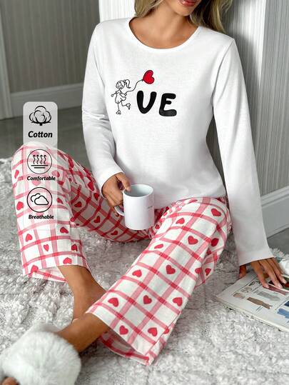 EURMUSE Women Cotton 2 Pcs HEART&LETTERED Long Sleeve Shirt& PLAID&Heart Pattern Pajama Set For Valentine Day Cute Pajamas For Women Heart Print Pajamas Pajama Sets Women Cute Lounge Wear