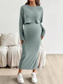 SHEIN Maternity Solid Color Round Neck Short Sleeve Top And Skirt 2 Pieces Set Knit Two Piece Set Modest Two Piece Set Two Piece Set Women Dress Ribbed Two Piece Set Comfortable Two Piece Set - Blue - View 3