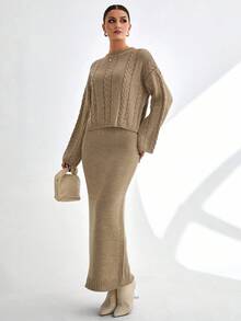 CLARA VERO Women Cable Knit Textured Pattern Pullover Sweater And Maxi Skirt Knit Two Piece Set,Co Ord,Winter Clothes - Cream - View 5