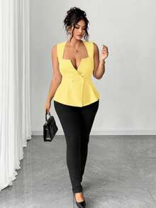 Elenzga Blusa sin mangas de unicolor elegante para tallas grandes con cuello en V - amarillo ganso - Ver 4