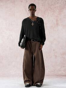 STYNVO Men's Loose Fit Eyelet Lace-Up Design Long Sleeve Sweater, Autumn, Fall - Black - View 5