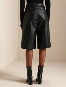 SHEIN Veneréa 女式纯色纽扣口袋直筒 PU 裤 - 黑色 - 查看 2