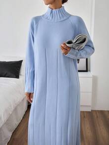 Casual Mock Turtle Neck Loose Oversize Fit Drop Shoulder Maxi Solid Color Knit Dress For Winter Women Outfits