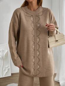 Woman Regular Fit Rhinestones And Embroidery Detailed Winter Thick Sweater Co-Ords Two Piece,Loungewear Set,Autumn Outfits Women - Camel - View 2
