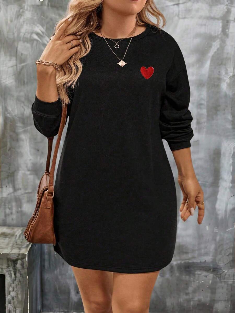 EMERY ROSE New Arrival Plus Size Women Fashion Heart Print Round Neck Long Sleeve Dress - Black - View 1