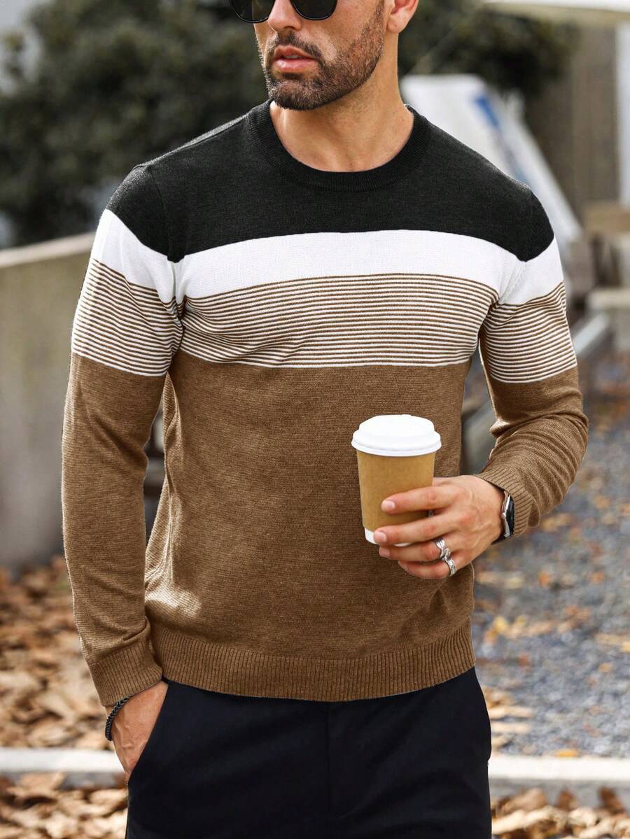 Manfinity Mode Plus Size Men's Casual Contrast Color Crew Neck Long Sleeve Sweater, Fall/Winter - Coffee Brown - View 1