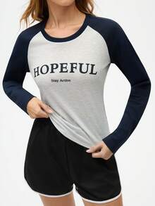 Gameset SHEIN Sport Women's Casual Contrast Color Print Round Neck Long Sleeve Sports T-Shirt - Grey - View 5