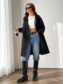 EURMUSE Women Long Belt Detailed Trench Coats - Black - View 3