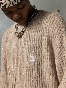 NEON BLANC Brand - Men's Autumn/Winter New Arrival Crew Neck Wool Sweater - Sequin Embellished Fashionable & Elegant - Loose Casual - Apricot - View 1