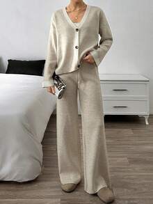 EURMUSE Completo da donna in 2 pezzi con cardigan in maglia morbida al tatto con collo polo e pantaloni coordinati, set lounge comodo e casual, beige avena, taglie petite, abbigliamento invernale - Beige - Visualizzare 3