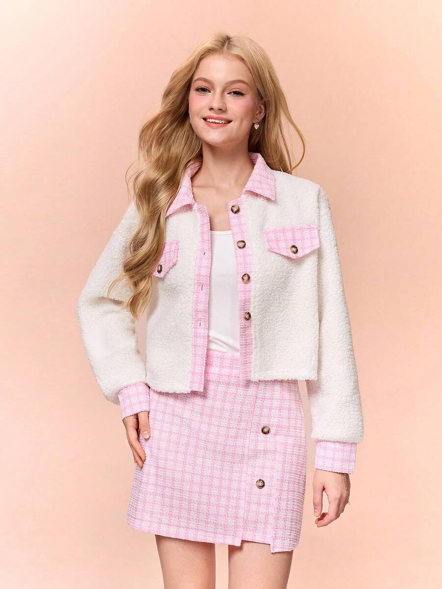 Bộ áo thun tay dài họa tiết kẻ caro tương phản và chân váy mini thanh lịch cho bé gái tuổi teen mùa thu/đông - Hồng - Xem 1