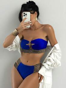 Swim SXY Stitch Detail Ring Linked Bandeau Bikini,Summer Beach - Royal Blue - View 5