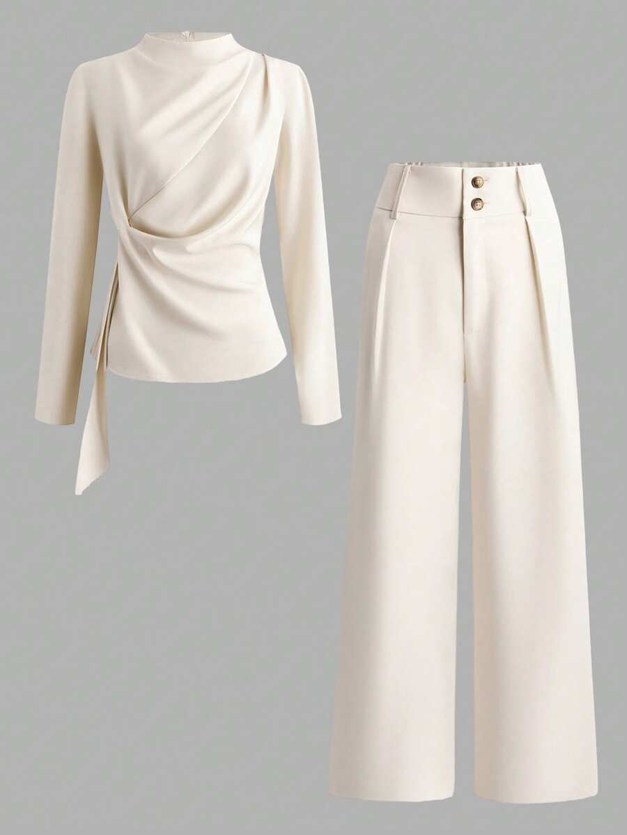 Airaco Women's Elegant Ruched Ruffle Suit Set, Suitable For Commuting, Vacation, And Gatherings, Autumn/Winter - Apricot - View 1