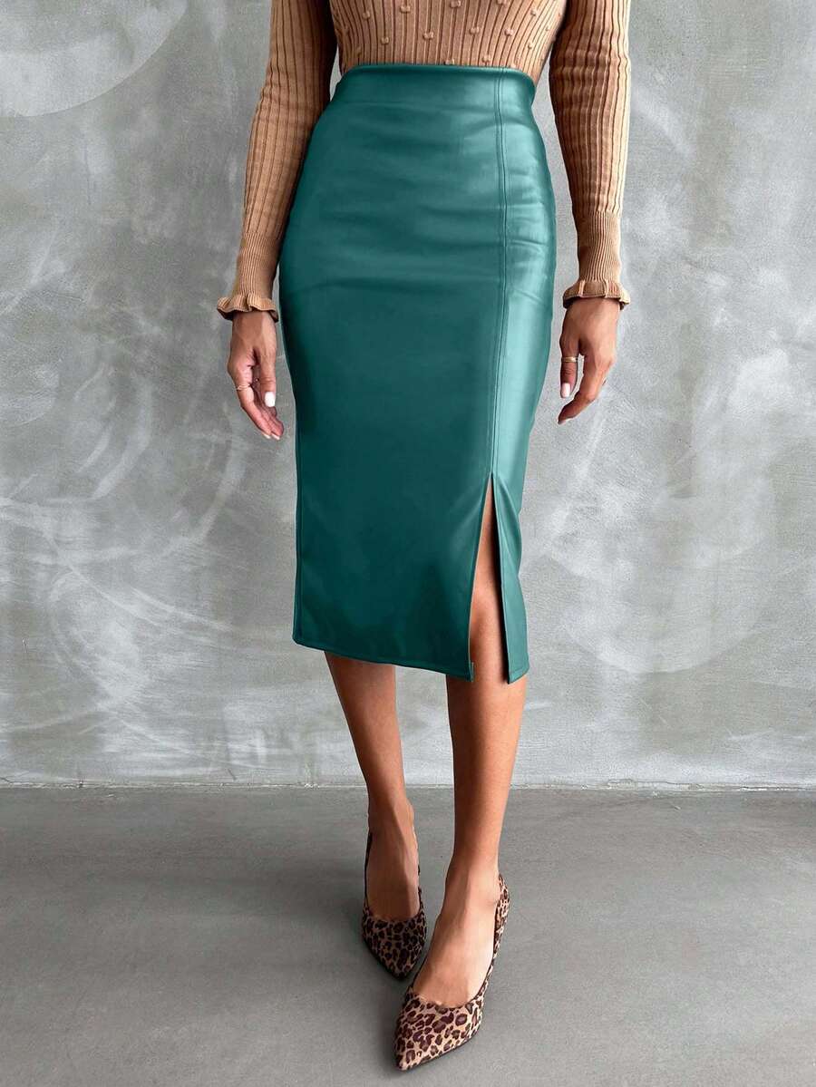 Women's Split Hem Pu Skirt - Dark Green - View 1