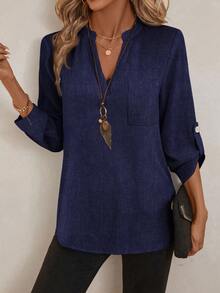SHEIN LUNE 女式春季印花缺口领 3/4 袖衬衫、工作衬衫 - 藏蓝色 - 查看 4