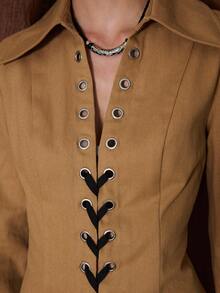 Easelle 女士西部风格长袖镂空设计长款休闲风衣，搭配西部靴，适合秋冬季节穿着。 - 卡其色 - 查看 8