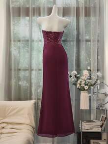 Glisette 女式亮片拼布荷叶边露肩长裙 - 玫瑰紅 - 查看 2