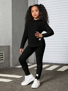 Slogan Patched Drop Shoulder Hooded Tee & Leggings - Black - View 7