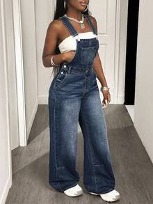 Slaydiva Women's Casual Washed Loose Denim Bib Pants - Dark Wash - View 7