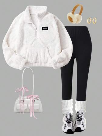 SHEIN 2pcs Girls Fluffy Collar Pocket Half Zip Hoodie And Solid Color Slim Fit Leggings Set, Casual & Snug Fit, Autumn/Winter