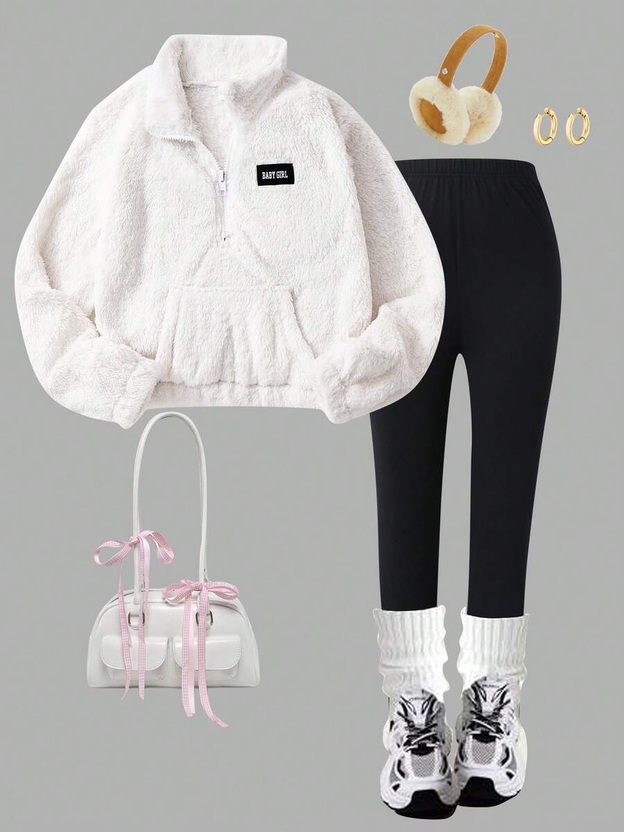 SHEIN ChillGRL مجموعة من قطعتين تتكون من هوديي بجيب وياقة فرو للبنات وسروال ضيق أحادي اللون، مريح وملائم للارتداء، للخريف/الشتاء - أبيض - مشاهدة 1