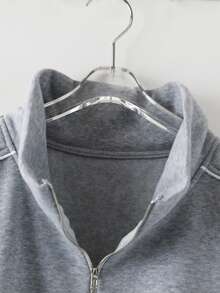 Franclia Plus Size Elegant Cute Casual Outdoor Stand Collar Loose Ruffled Metal Zipper Gray Sweatshirt, Autumn/Winter - Grey - View 6