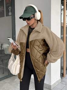 RueChic 女士夹棉大衣，采用泰迪熊面料拼接，钻石形针脚线 - 棕色 - 查看 4