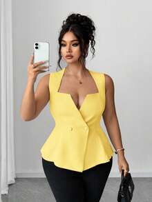 Elenzga Blusa sin mangas de unicolor elegante para tallas grandes con cuello en V - amarillo ganso - Ver 3