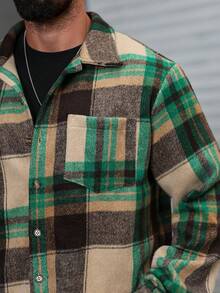 ARLO REED Plus Size Men's Casual Street Plaid Long Sleeve Overcoat, Autumn/Winter, Perfect Holiday Gift For Boyfriend Husband, Christmas Beach Holiday Beige - Green - View 6