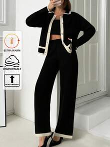 EURMUSE Women Contrast Stripe Detailed Front Button Cardigan & Sweater Pants Set,Winter Clothes - Beige - View 1