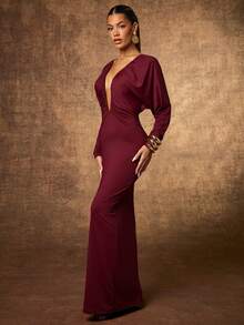 Hauture Sexy Deep V Neck Plum Knit Maxi Dress – Night Out & Party Dress For Going Out & Holiday - Red - View 2