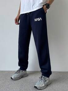 SHEIN 青少年/年轻男士休闲街头风格纯色字母标语印花慢跑裤，百搭经典基本款，适合居家、通勤、上学、日常休闲、旅行、户外、派对、秋冬 - 藏蓝色 - 查看 4