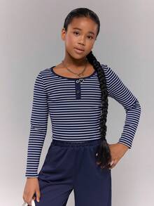 Girls Casual Striped Contrast Color Knit Round Neck Long Sleeve Top And Solid Color Knit Straight Leg Pants 2 Pieces Set - Multicolor - View 4