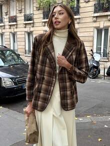 Chiquease Women's Elegant Brown Plaid Woolen Coat,Autumn Winter Suit Jacket,Office Business Overcoat,Color-Block Patterned Top For New Year Party Christmas - Brown - View 5