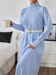 Casual Mock Turtle Neck Loose Oversize Fit Drop Shoulder Maxi Solid Color Knit Dress For Winter Women Outfits