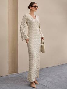 CLARA VERO Women Solid Color Irregular Stripe Deep V-Neck Flair Sleeve Maxi Sweater Dress  Beige Knit Maxi Dress,Petite - Beige - View 4