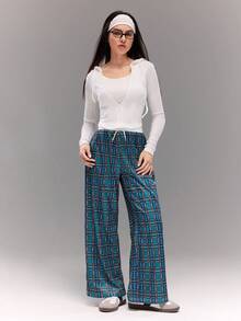3pcs Teen Girls' Casual Fashion Knitted Digital Print Plaid Patchwork Solid Color Waistband With Drawstring Sweatpants Set - Multicolor - View 5