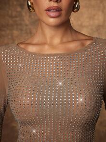 Hauture Sexy Hot Fix Mesh Top – Cowl Back Long Sleeves Night Out & Party Top For Going Out - Dusty Pink - View 3