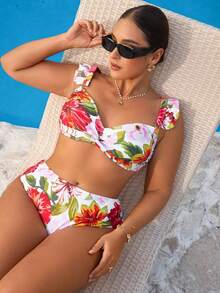 Swim Vcay Bikini đi biển thường ngày họa tiết hoa cỡ lớn cho nữ 2 mảnh cắt thấp có dây đeo có thể điều chỉnh - trắng - Xem 3