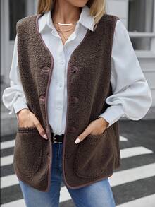 INAWLY 1pc Women Regular Plush Button Vest Jacket, Autumn/Winter - Coffee Brown - View 4