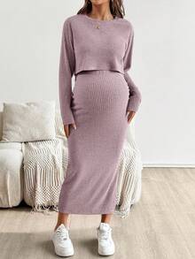 SHEIN Maternity Solid Color Round Neck Short Sleeve Top And Skirt 2 Pieces Set Knit Two Piece Set Modest Two Piece Set Lavender Two Piece Set Two Piece Set Women Comfortable Two Piece Set - Mauve Purple - View 3