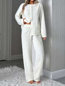 EURMUSE Minimalist Button Front Loungewear Pajama Set – Soft Two Pieces Long Sleeve Top & Wide Leg Pants In Solid White - Beige - View 3