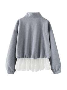 Franclia Plus Size Elegant Cute Casual Outdoor Stand Collar Loose Ruffled Metal Zipper Gray Sweatshirt, Autumn/Winter - Grey - View 2