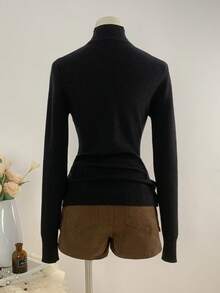 SHEIN Unity 女式简约甜美黑色长袖V领开衫针织毛衣，秋冬 - 黑色 - 查看 2
