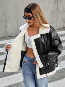 EURMUSE Women Pu Leather And Fake Fur Insided Jacket Coat - Black - View 3