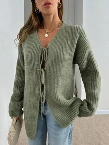 EURMUSE Damen einfarbiger Cardigan mit Schleife vorne, Drop Shoulder, strickig