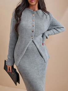 EURMUSE Conjunto de cardigan y falda de punto con botones frontales, de unicolor para mujer - Gris - Ver 2