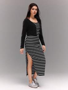Teenage Girls' Fashion Ribbed Solid Color Long Sleeve Cropped Cardigan With Striped Design Snug Fit Two Pieces Dress - Multicolor - View 3
